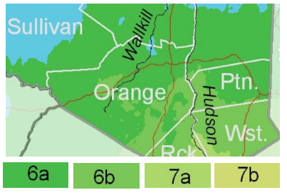 Map of plant hardiness zones in Orange County, NY.