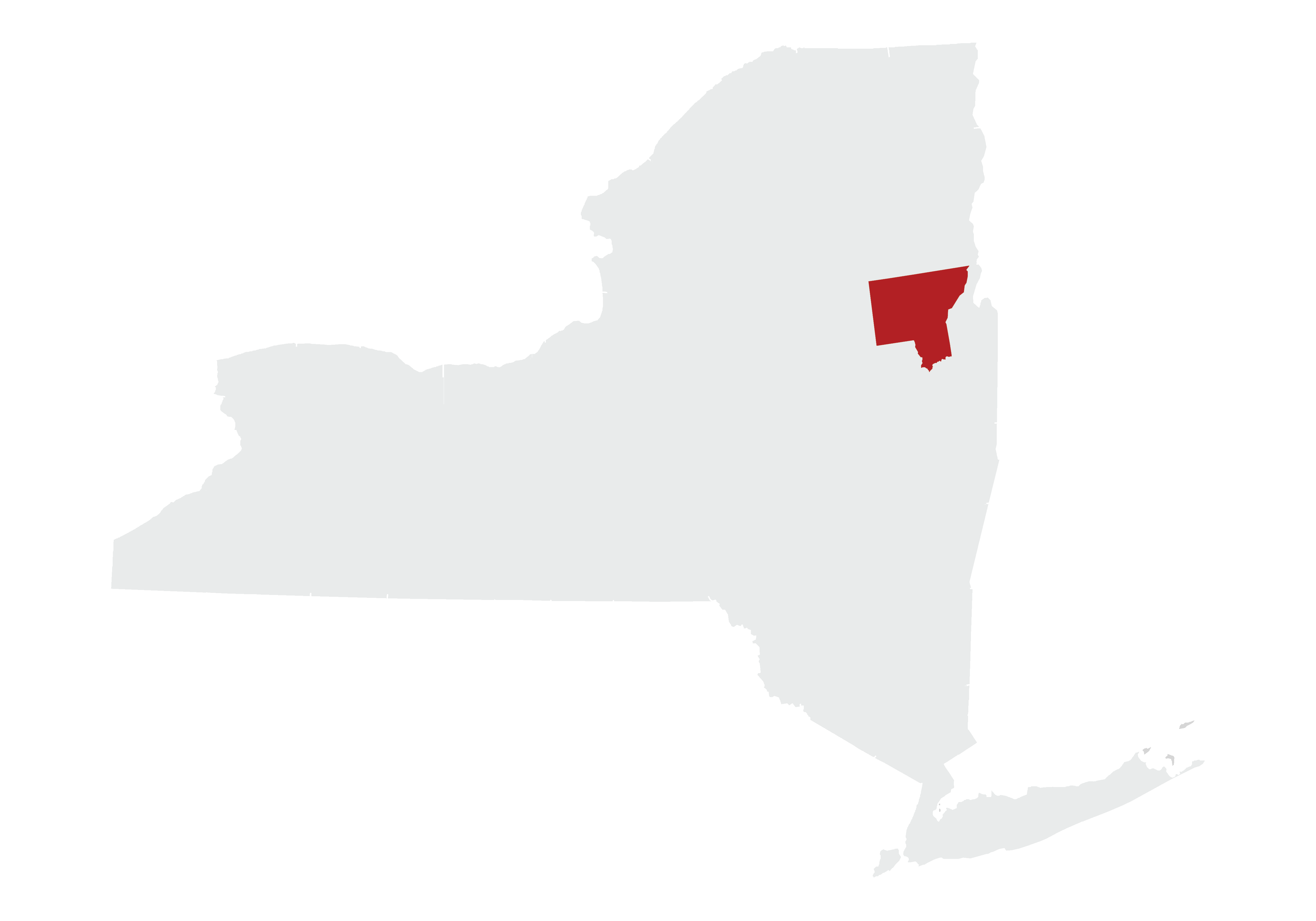 A map of New York State with Warren County highlighted in red. 
