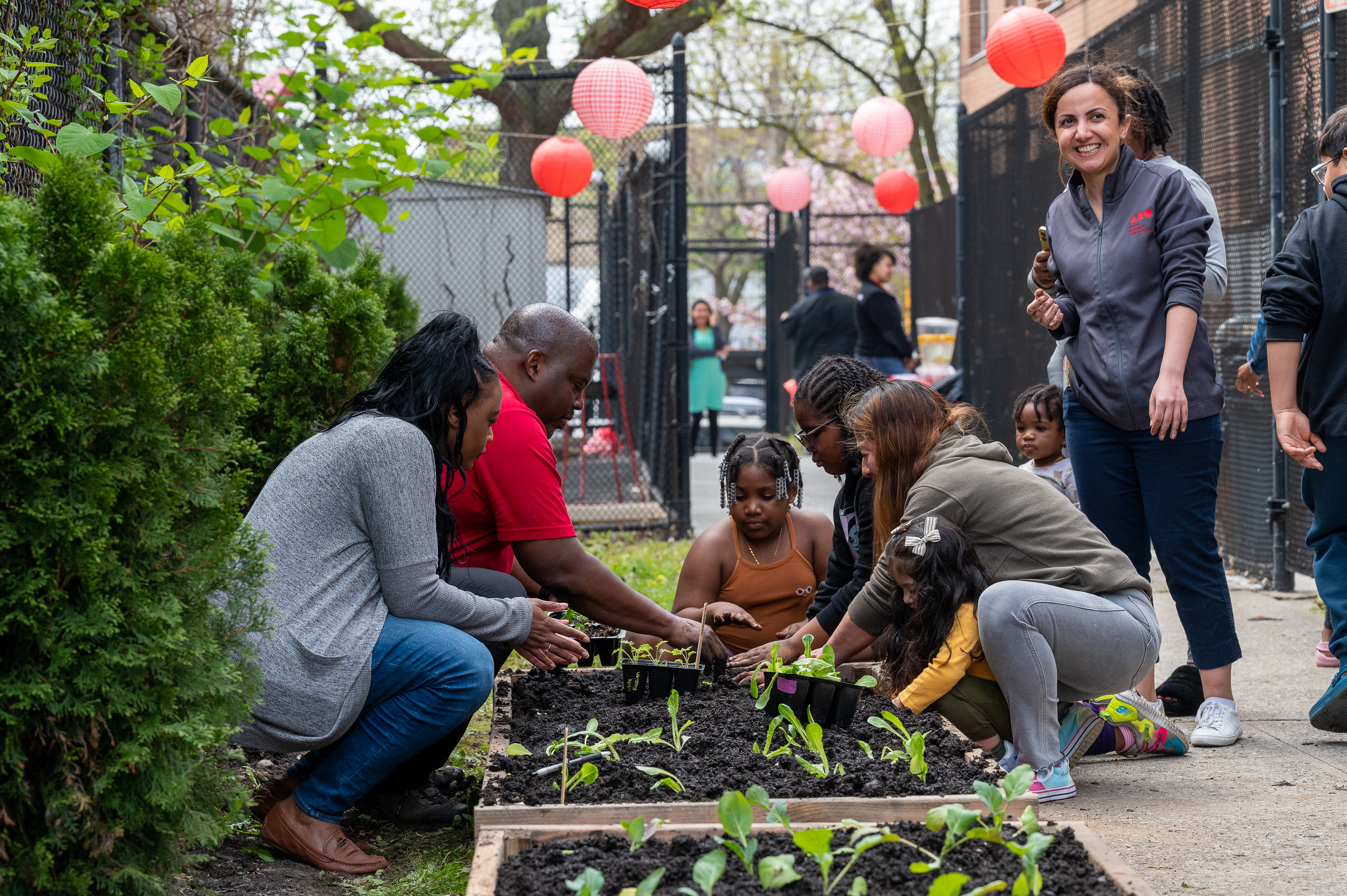 Five people squatting down along a raised planting bed in an urban setting. They are planting vegetable transplants into the dark soil.