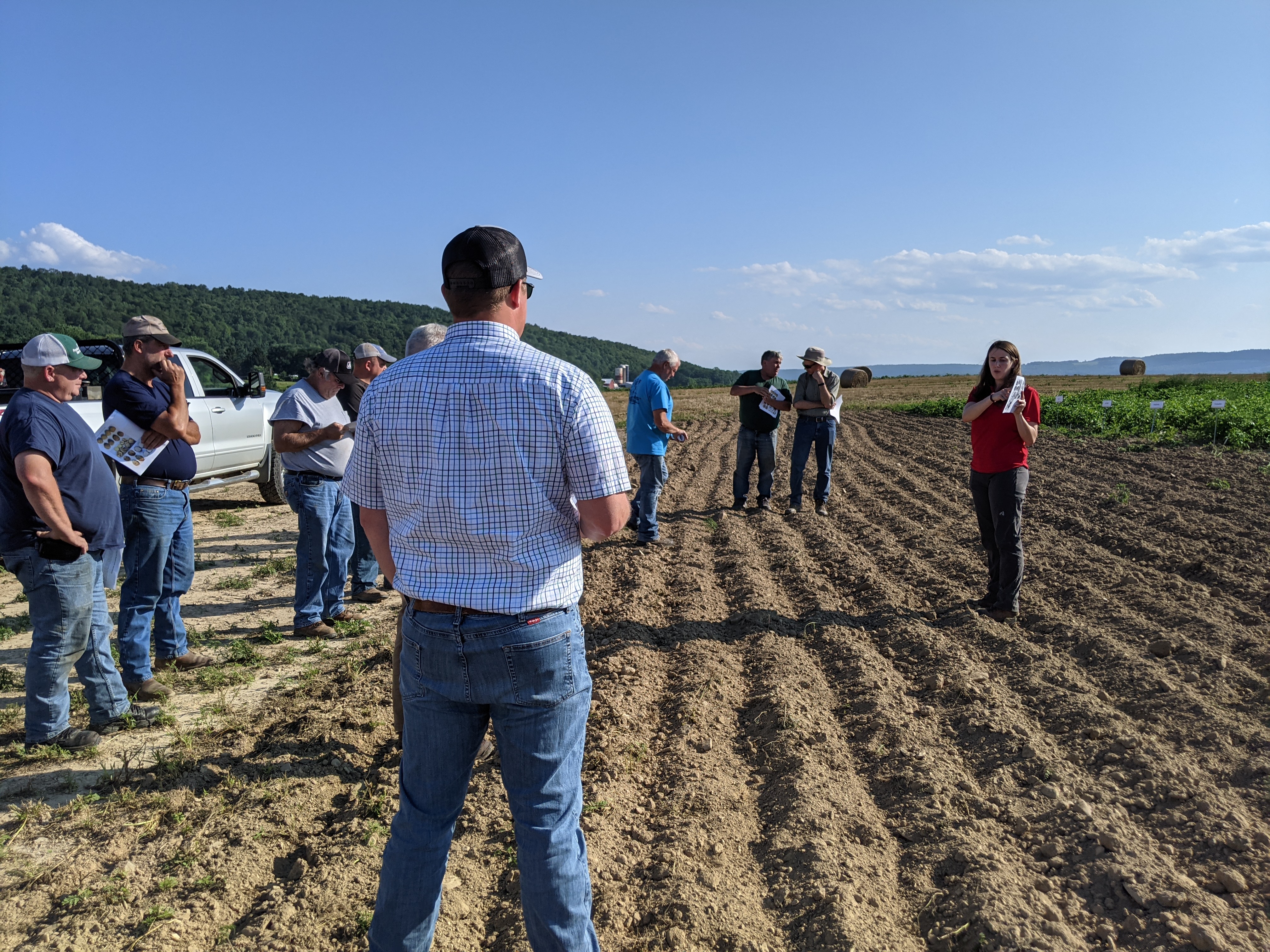 A woman in a red polo shirt holds up a handout while she talks to about a dozen potato growers alongside a field.