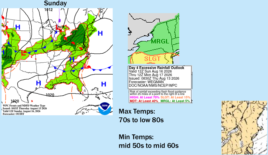 Map of New York for Min and Max Temps for Sunday.