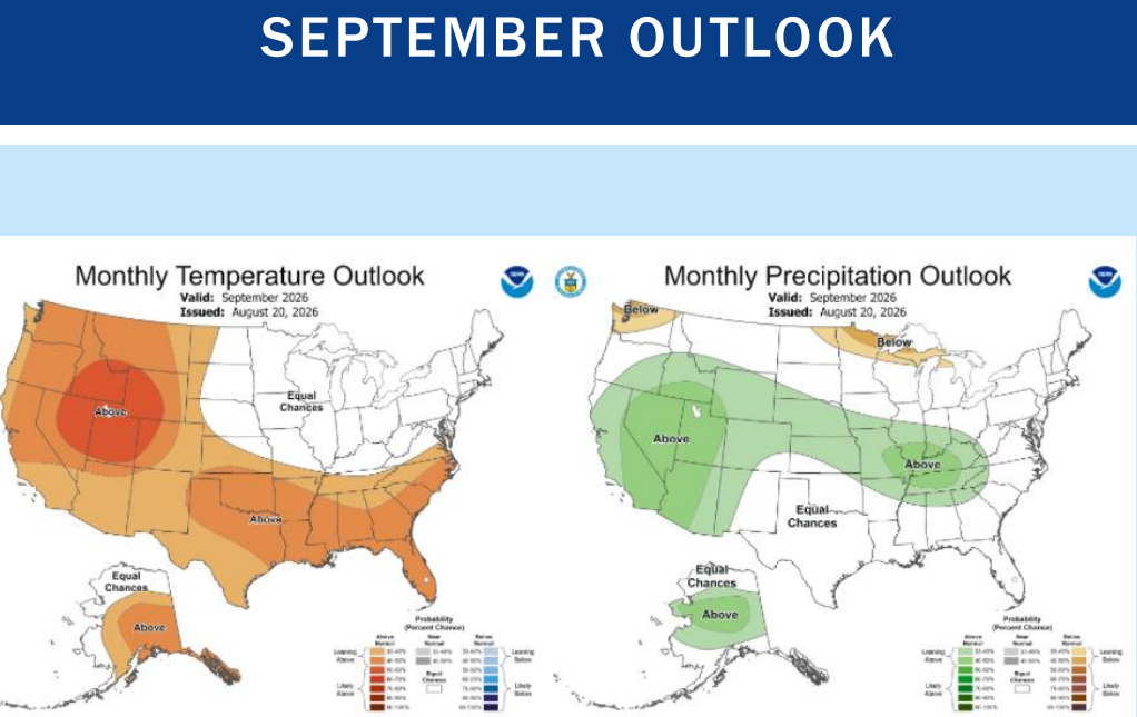 Maps of New York for percent chance of precipitation and temperature.