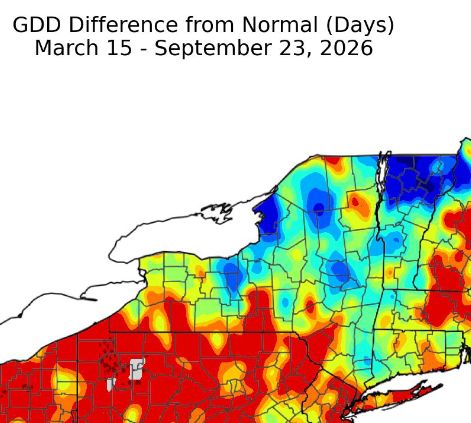 Map of New York for GDD Difference from Normal (Days) March 15 - Sept. 23, 2026