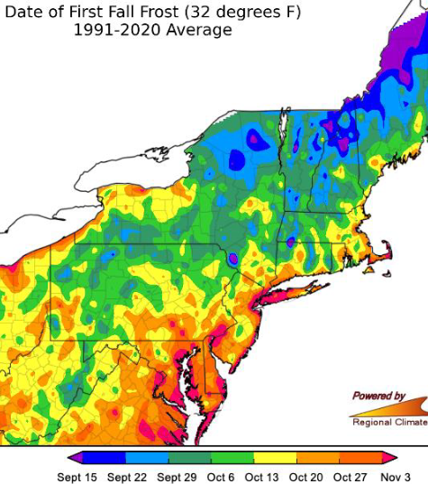 Map of Northeast for Date of first fall frost.
