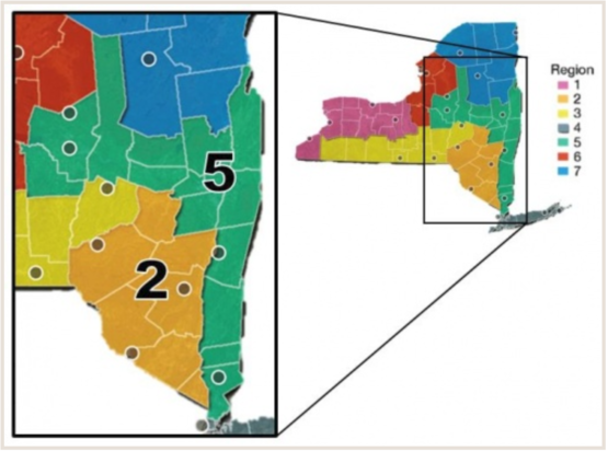A graphic of New York State color coded to delineate climate projections by region 
