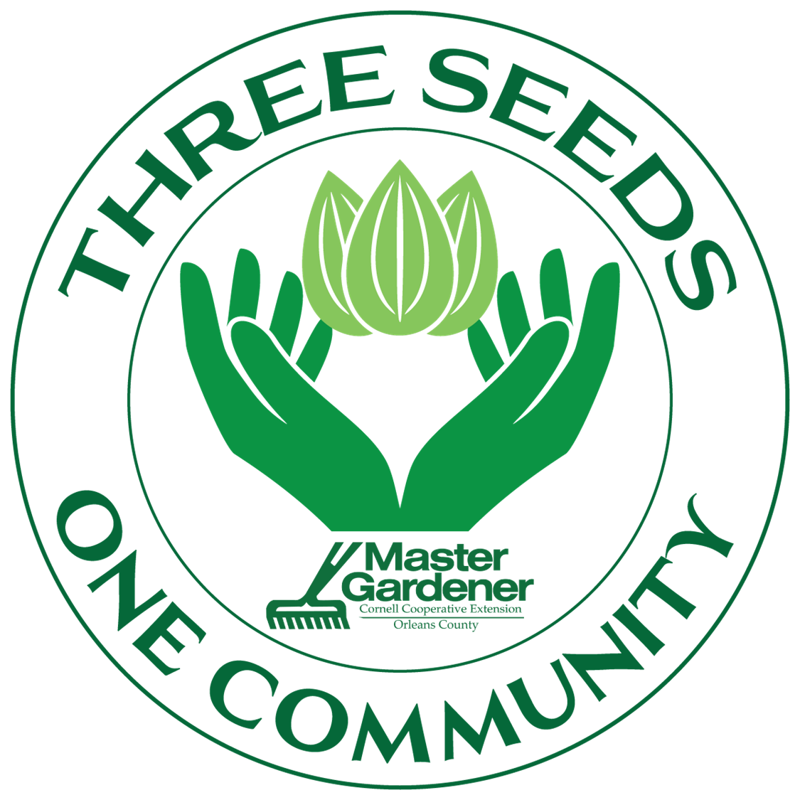 Circular green logo on a black background reading “Three Seeds One Community.” In the center, two green hands cup three sprouting leaves. Below the hands is the Master Gardener logo with text reading “Master Gardener, Cornell Cooperative Extension, Orleans County,” and a small garden rake icon.