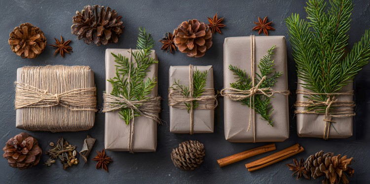 Pine cones, evergreens and cinnamon sticks being used as natural decorations for gifts.