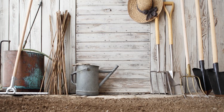 garden tools neatly organized against a shed