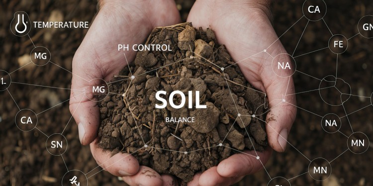 Hands holding a pile of soil with graphic overlays showing soil health concepts, including “SOIL BALANCE,” pH control, temperature, and nutrient elements like calcium (Ca), magnesium (Mg), sodium (Na), iron (Fe), and manganese (Mn). The background is blurred earth, emphasizing soil composition and testing.