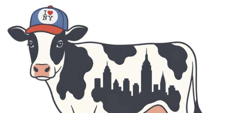 Cow wearing a I love NY hat with black spots that look like a city skyline