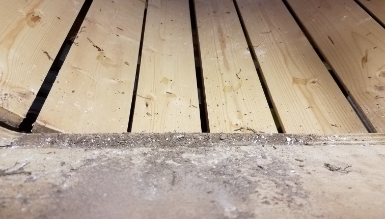 Looking from one end of a root barrel washer showing the wooden staves with debris at the end of the machine.