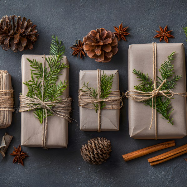Pine cones, evergreens and cinnamon sticks being used as natural decorations for gifts.