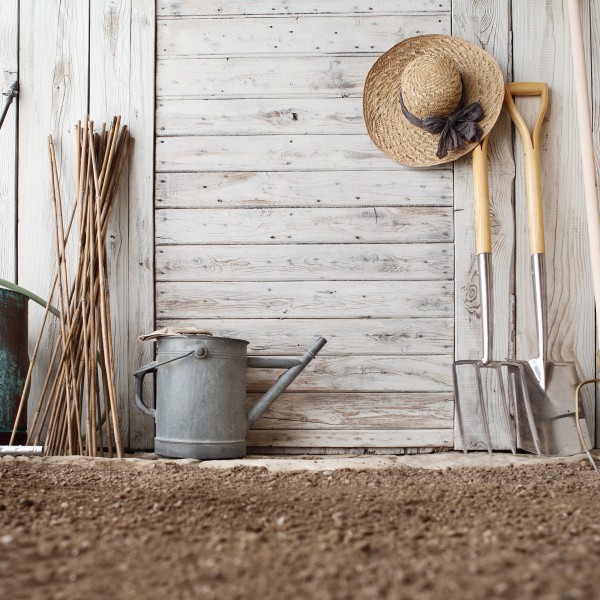 garden tools neatly organized against a shed