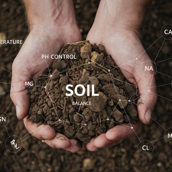 Hands holding a pile of soil with graphic overlays showing soil health concepts, including “SOIL BALANCE,” pH control, temperature, and nutrient elements like calcium (Ca), magnesium (Mg), sodium (Na), iron (Fe), and manganese (Mn). The background is blurred earth, emphasizing soil composition and testing.