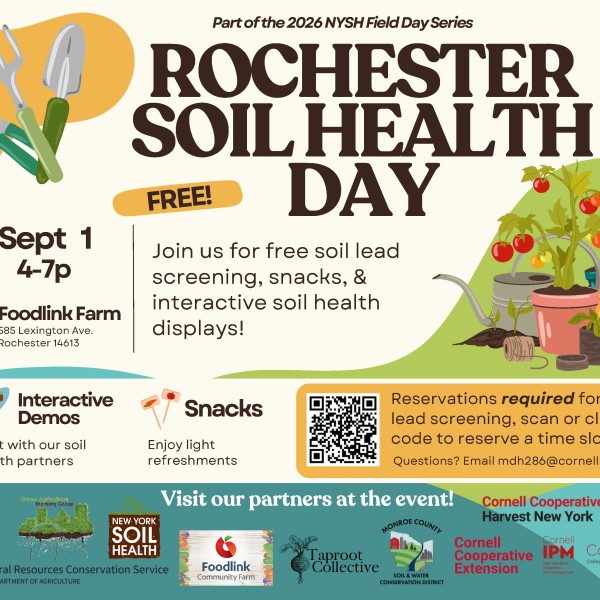 A promotional graphic for Rochester Soil Health Day featuring event details and logos of partnering organizations.