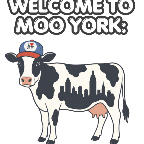 Cow wearing a I love NY hat with black spots that look like a city skyline