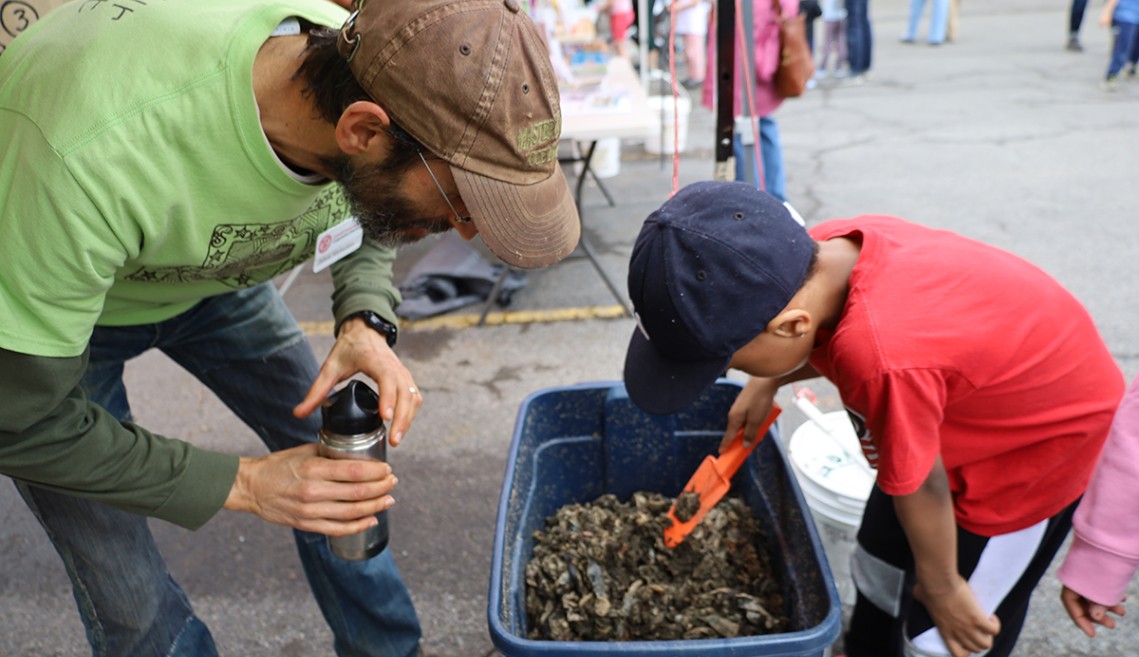 An adult and a child poke through a bin containing compost scraps and worms to process it.