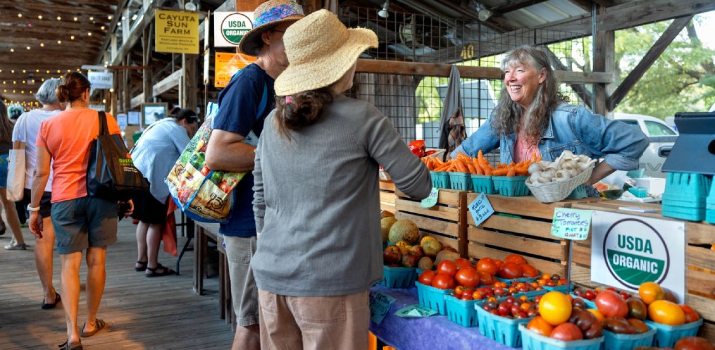 Farmers market shoppers speak with a market vendor 