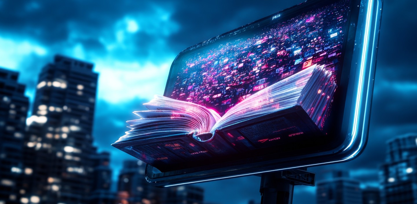 A digital literacy awareness campaign displayed on a holographic billboard, promoting reading and literacy in a futuristic city