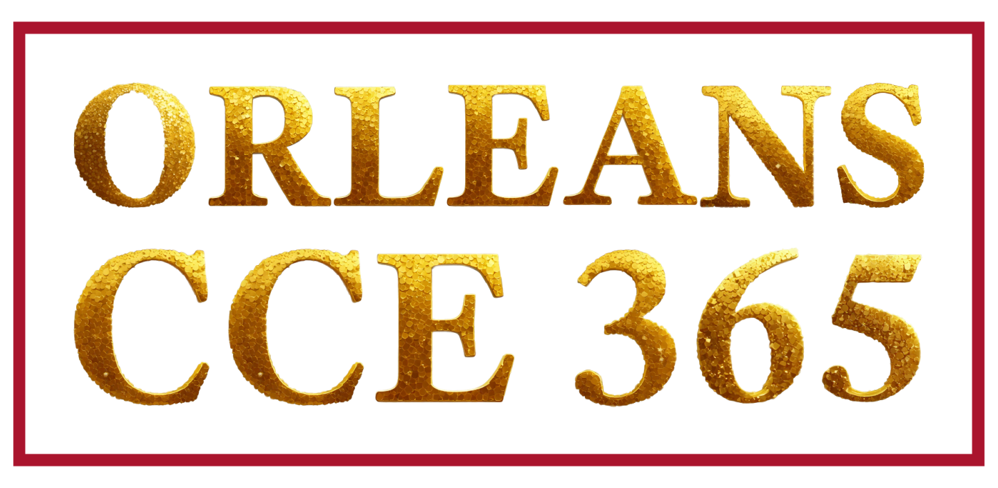 “Orleans CCE 365” written in large gold, glitter-textured letters centered inside a rectangular red border on a white background.
