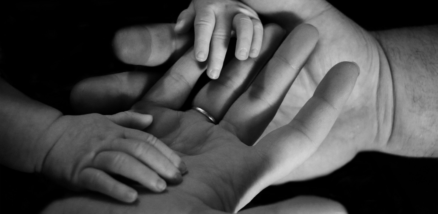 Adult and child holding hands.