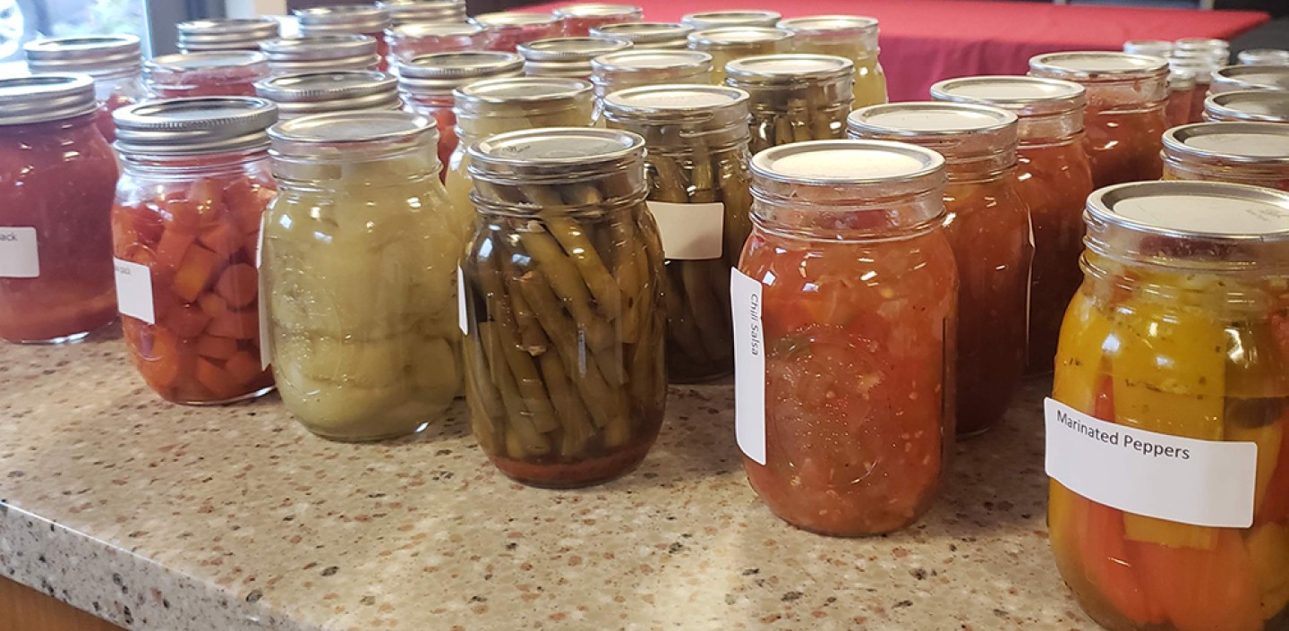 Jars of preserved food lined up on a countertop.