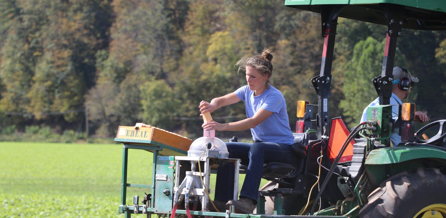 A Cornell employee from the Sorrells Lab for Small Grains Breeding and Genetics riding on the back of a tractor while they plant seeds at the Hudson Valley Farm Hub in October 2025.