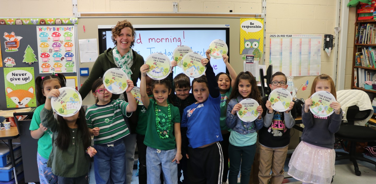 CCE Ulster Executive Director, Melanie Forstrom, with a group of students at Plattekill Elementary School for Agriculture Literacy Week.
