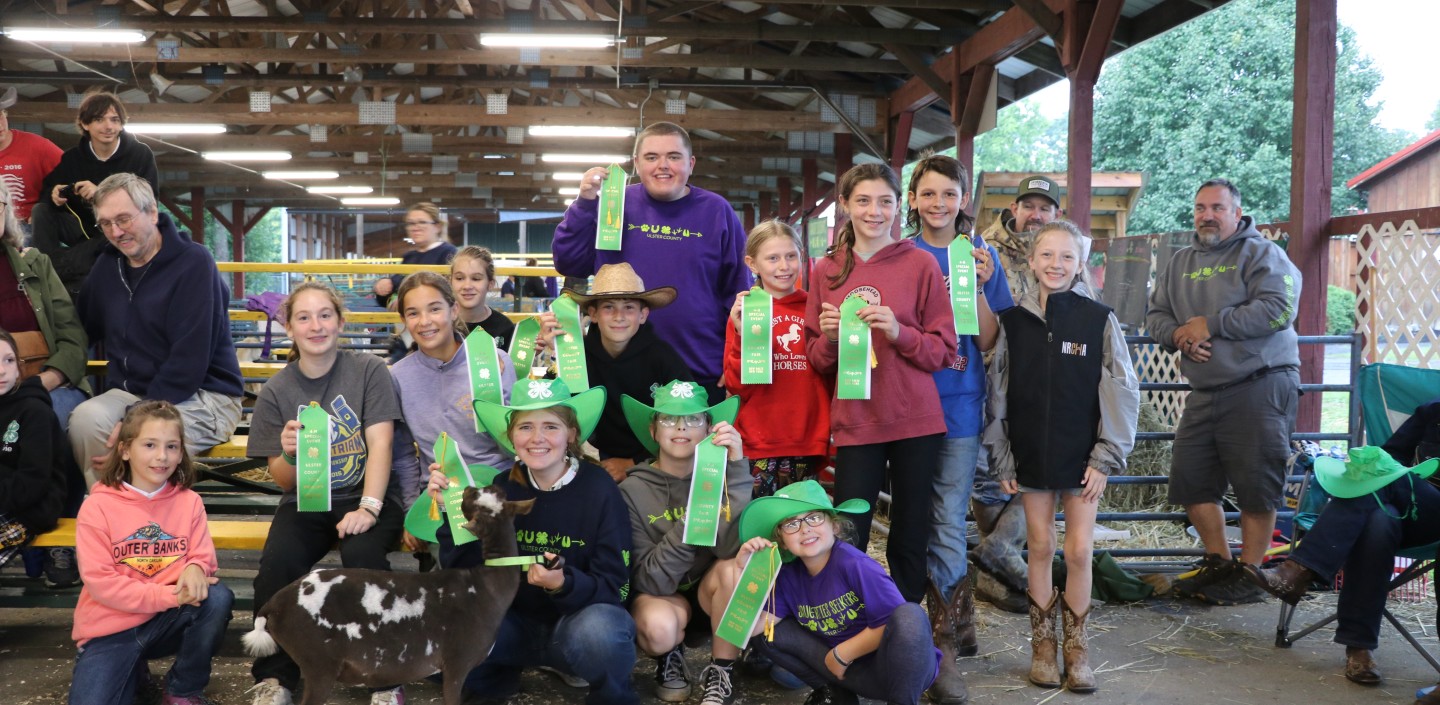 4-H'ers at the 2025 Ulster County Fair holding ribbons after the goat obstacle course.