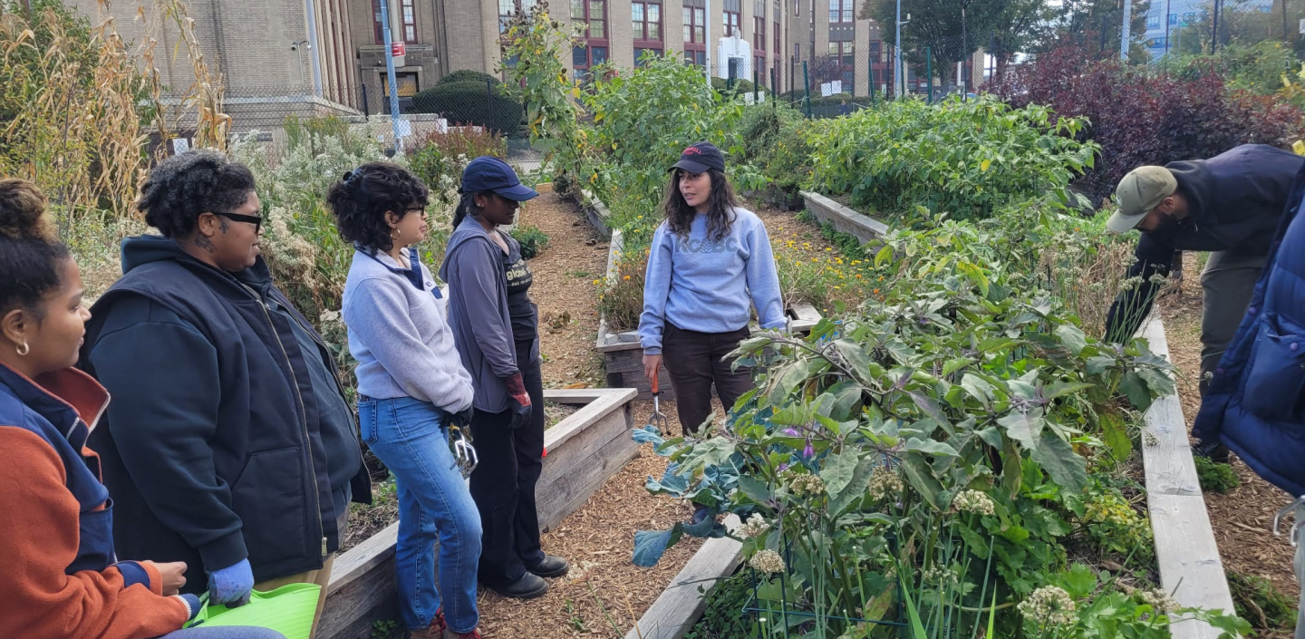 Several people stand in an urban garden listening to a woman teaching them gardening basics. 