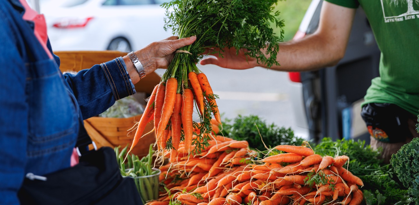 a customer buying fresh carrots from a farmers market vendor