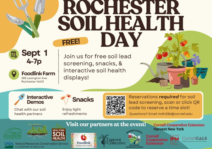 A promotional graphic for Rochester Soil Health Day featuring event details and logos of partnering organizations.
