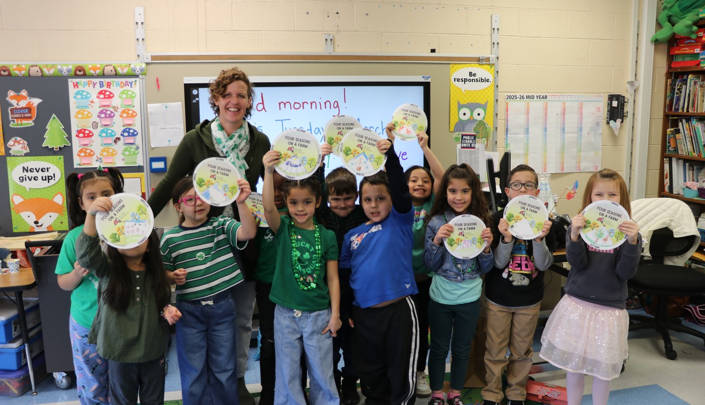 CCE Ulster Executive Director, Melanie Forstrom, with a group of students at Plattekill Elementary School for Agriculture Literacy Week.