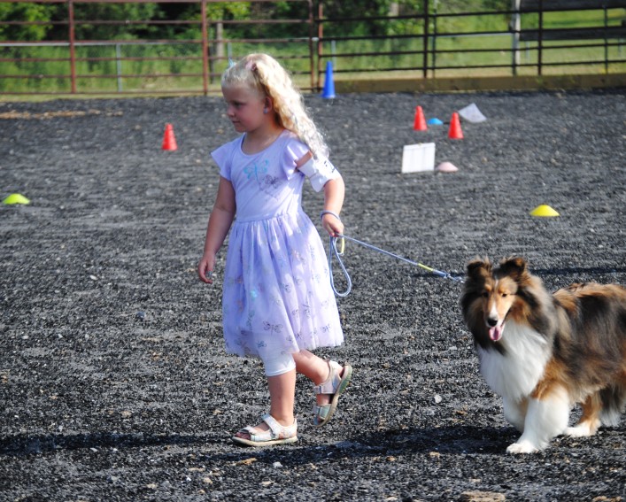 child with dog in show arena