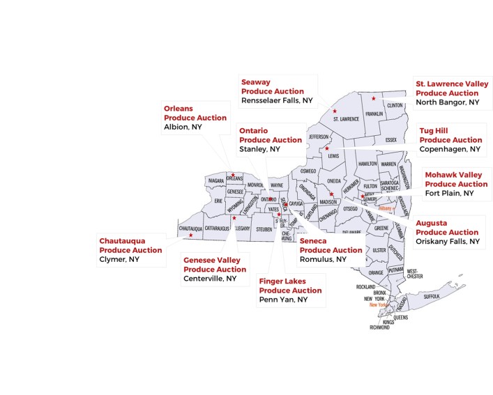 A map of New York State with the counties indicated. There are eleven red starred locations, each labelled with produce auction in that location.