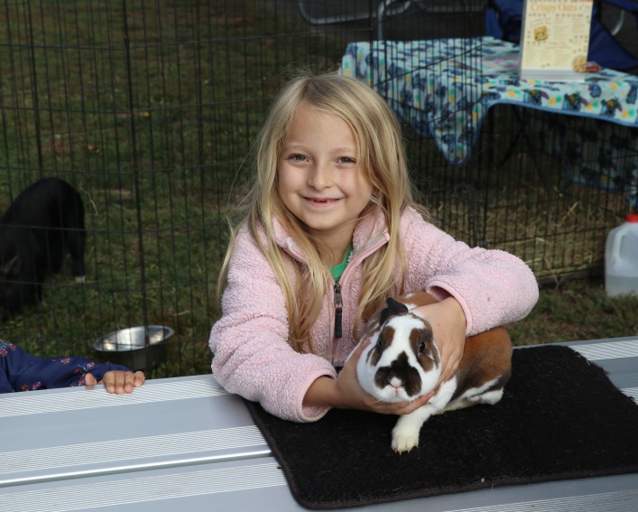 A young 4-H youth with her small black and white rabbit on a table in front of her.