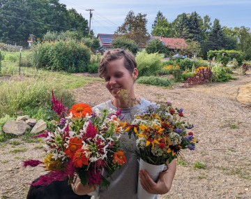 Flip with flower bouquets on the farm