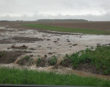 Stormwater pours out of a farm field into a retention ditch. The water is brown since it is carrying soil sediments. Other water ponding appears along the field.