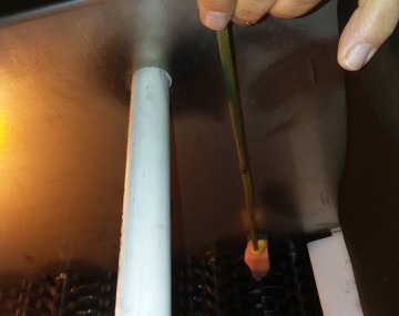 A hand holds a long, thin handle with a wedge of scrub brush attached to the end. It is being used to squeeze down between brush sets to clean the interior wall of a brush produce washer.
