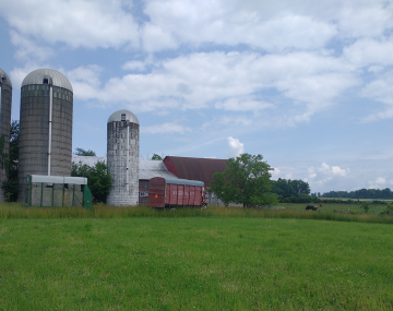 A view of a lush grassy field, with barns and silos behind.